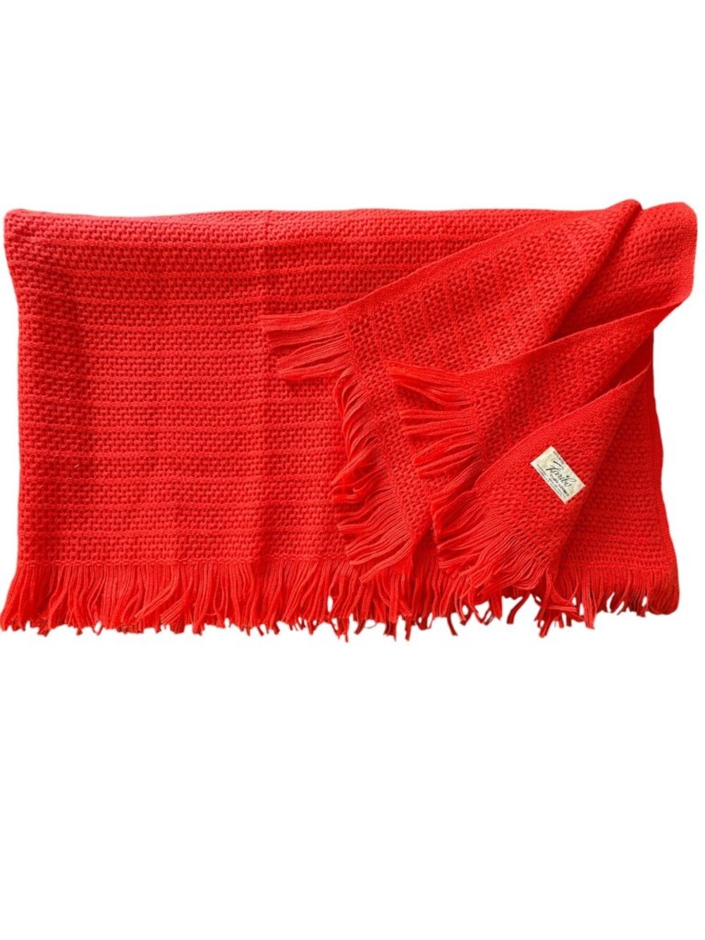 Vintage Faribault Woolen Mills Lipstick Red Thermal Weave Blanket With Fringe